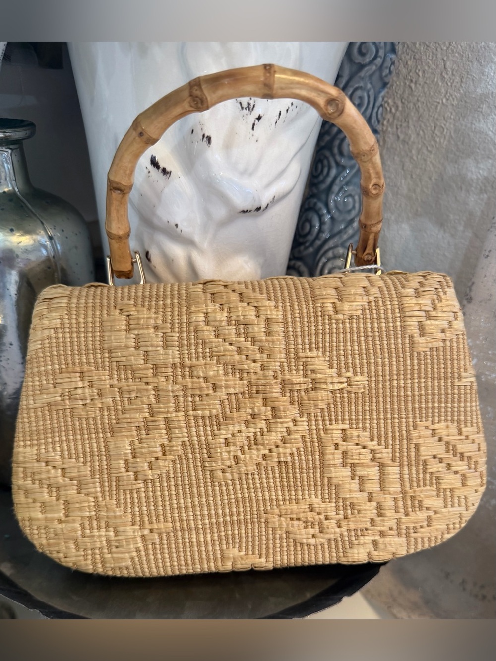 Tommy Bahama Woven Straw Bag with Bamboo Handle and Gold Crossbody Chain